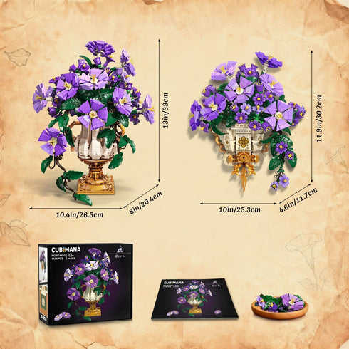Set 2 1 12+ (1136PCS) CUBIMANA Flowers Botanicals Building with Vase - in Morning Glory Bonsai Building Blocks Plants