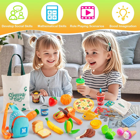 Sets Playset 3+ Pretend Play Food for Toddlers, Kids Grocery Store with Shopping Bags,Calculator, Cutting Play Food