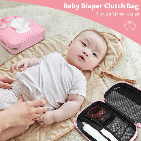 Diaper Clutch Bag with Wipes Pocket, Mini Organizing Pouches for Baby Travel Essential, Stroller Diaper Bag, Pink