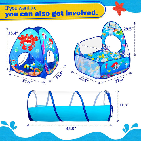 3PC Kids Ball Pits for Toddlers with Kids Play Tent, Kids Tunnel for Baby, Children Pop Up Indoor/Outdoor Playhouse Toy