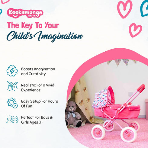 2 1 KOOKAMUNGA KIDS Baby Doll Stroller Pram - Realistic Toy Baby Stroller for Dolls in Toy Play Pram Doll Carriage