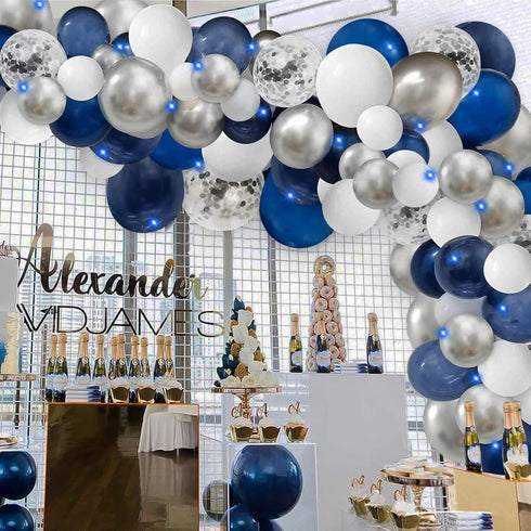 124pcs Blue Silver White Balloons Garland Arch Kit, 5/10/12/18 Inch Set for Birthday Wedding Graduation Party Decor