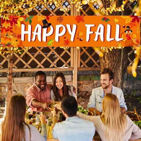 Large Happy Fall Banner - Thanksgiving Party Decor, Autumn Maple Leaves Pumpkin Banner for Home Outdoor Decoration