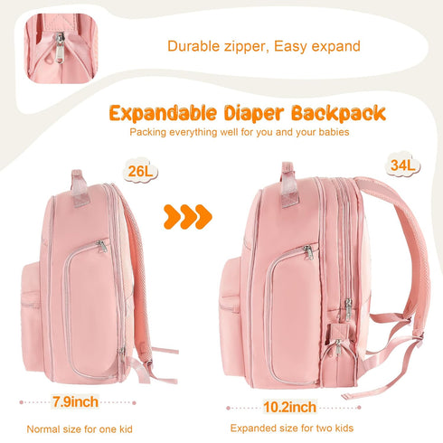 34L Backpack Pack Expandable Diaper Bag Baby Travel Bag with Changing Pad, Waist & Stroller Straps, Lightweight