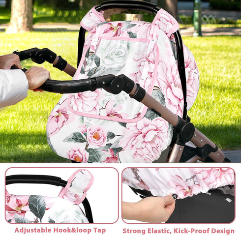 2 3D Pea Pod Car Seat Cover for Baby Girls, Floral Infant Car Seat Canopy Cover for Newborn, with Layers Windows