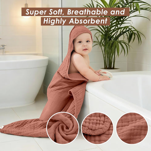 Ease Cubs 3-Pack 100% Series,32" 32") Muslin Hooded Baby Towels, Cotton, Ultra-Soft & Absorbent Baby Bath Towels