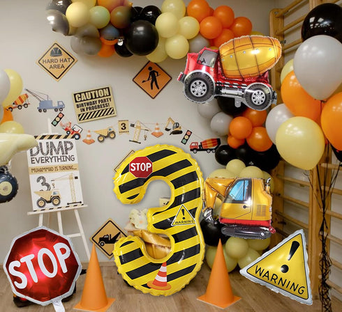 JUANBUDONG Set,Yellow 3 Balloons,3rd Construction Theme Balloons and Black Striped Construction Foil Number