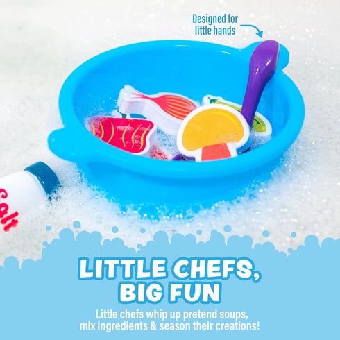 Tub Works Tub Soup Scoop, Strain & Play Toddler Bath Toy | Floating Foam Veggies, Ladle for Scooping & Soup Pot