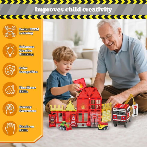 56PCS 4-8, 4 5 Magnetic Tiles for Kids, Construction Magnet Tiles with Fire Truck Station, Building, Road, Crane, Car