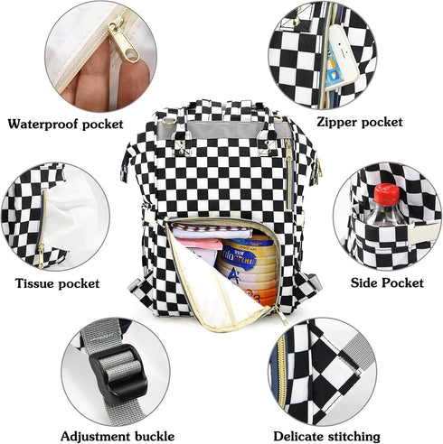 MCWTH Backpack Set Checkered Diaper Bag for Baby Girls Mom, Large Capacity Multi-Function Nappy Bags Organizer