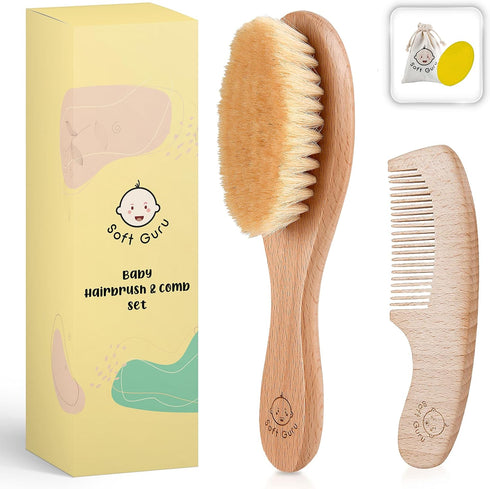 Baby Hair Brush and Comb Set, Premium Wooden Finish, Gentle Bristles for Cradle Cap, Great for Newborns, Toddlers &