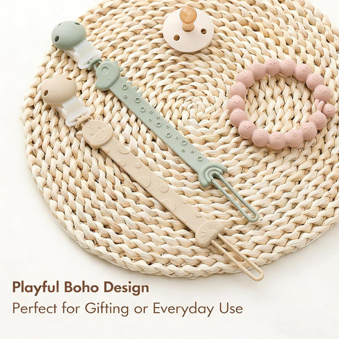 4 Pack, Pacifier Clips for Baby Boys Girls, One-Piece Silicone Pacifier Holder Strap Binky Paci Clips Animal Rainbow