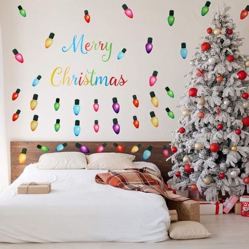 91 Pieces Christmas Wall Stickers, PVC Merry Christmas Lights Bulb Wall Decals for Decoration