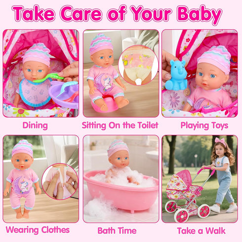 Set 3-5 4-6 5-7, Playset 11" 20PCS 2 3 4 5 Baby Doll Stroller Toys for Girls Toddlers Baby Doll with Doll, Bathtub