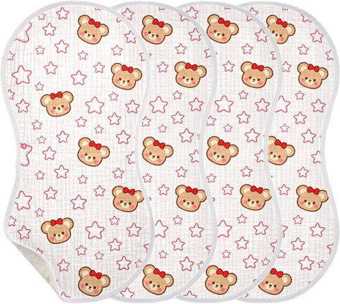 decor gift 4 Pack 22x11in Cotton Baby Burp Cloth Easy Care Cartoon Cute Red Stars Bear spit up Rags for Babies Girls