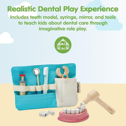 Set PlanToys Pretend Play Dentist Toy for Kids | Wooden Doctor Kit with Teeth Model, Dental Tools, and Bag |
