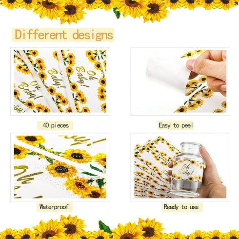 Outus 40 Pieces Sunflower Baby Shower Water Bottle Labels Floral Water Bottle Labels Waterproof Sunflower Bottle