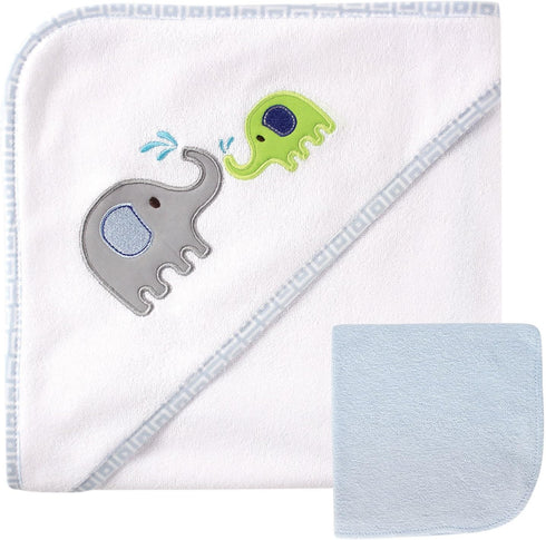 Luvable Friends Unisex Baby Hooded Towel and Washcloth, Blue Elephant, One Size