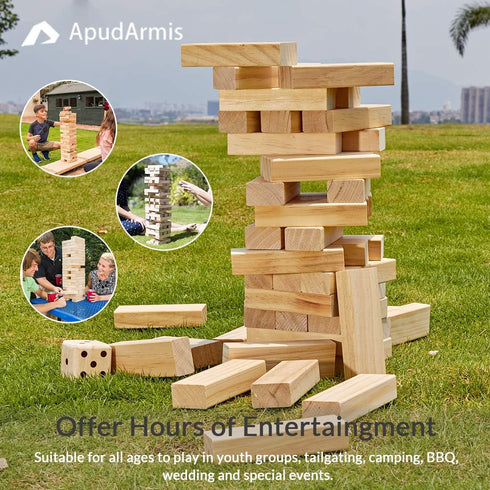 ApudArmis Giant Tumble Tower, 54 PCS Pine Wooden Stacking Timber Game with 1 Dice Set