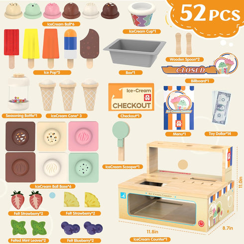 Set 52-Piece Counter Playset 3 4 5 6 Foldable Wooden Ice Cream Toy Pretend Play Food Store for Toddlers, Kids Ice Cream