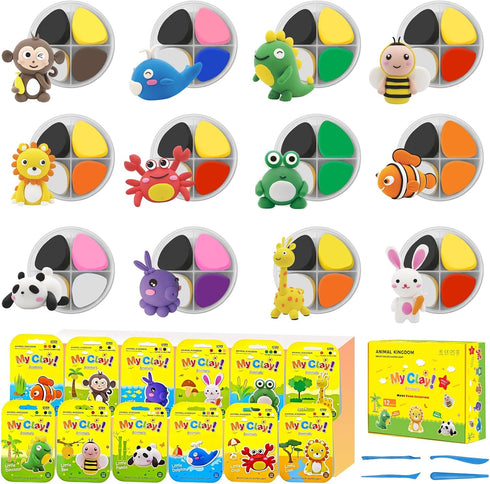 12 Air Dry Clay for Kids Air Clay Art Kits Box Animals Theme Air Dry Modeling Clay Kit w/Sculpting Tools& Step-by-Step