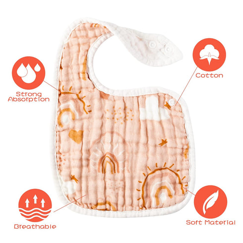 Zainpe 6Pcs Adjustable Snap Muslin Cotton Bibs for Baby, Unisex Burp Cloths with 6 Absorbent Soft Layers for Teething