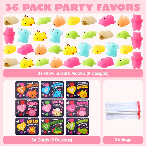 36 Packs 9 JOYIN Valentines Day Gift Cards with Glow in Dark Mochi Squishy Toys, Designs Stress Relief Fidget Toys
