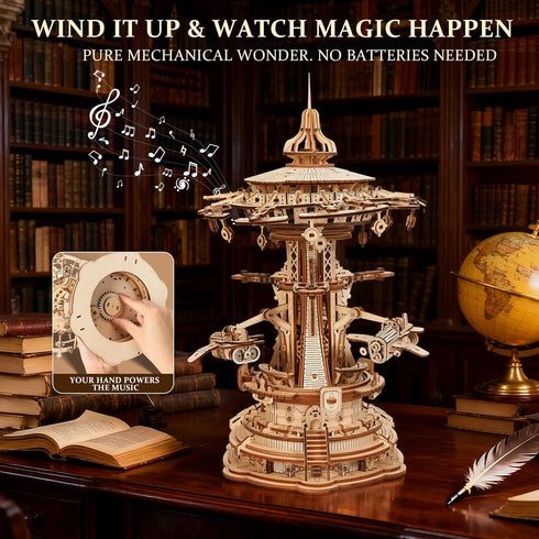 Wtufaelk 3D Wooden Puzzles for Adults Mechanical Music Box - Sky City Rotating Model Building Kits | Wood Puzzle DIY
