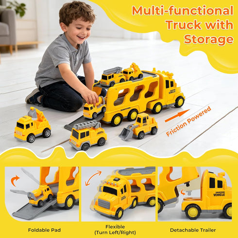 6 3-5-7, 3 4 5 6 7+ Construction Toy Trucks with Construction Vehicles, Sound Light Transport Carrier Truck
