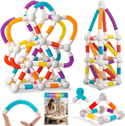 ROUSKY Magnetic Building Blocks Construction Set, 66 Pieces, Educational STEM Toy with Flexible