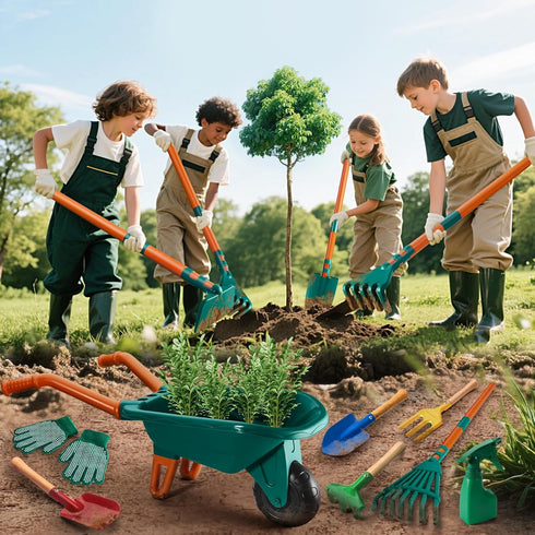 HOSPONY Set-Kids Wheelbarrow Set Set 3+ Kids Gardening Gardening Tools with Shovel, Leaf Rake, Gloves, Spray
