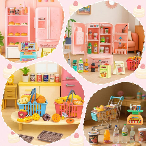 180 Pcs Dollhouse Furniture Miniature Kitchen Accessories Mini Shopping Cart Metal Trolley Basket Food Drink Toy