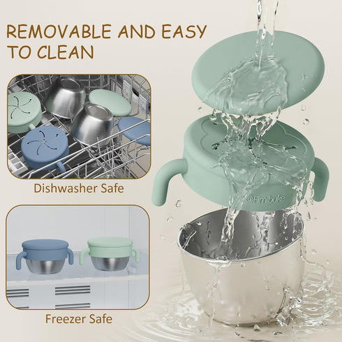 Fimibuke 12 OZ 2 Pack Snack Containers for Toddlers Kids, Spill Proof Stainless Steel Baby Snack Cups with Removable