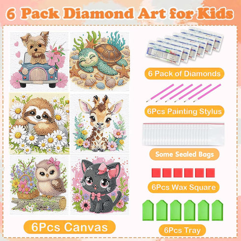 ajepon 6 Pack 8-12, (6x6inch) Animal Diamond Art Kits for Kids, Cute Animals Diamond Art for Kids Ages Cat Dog Turtle