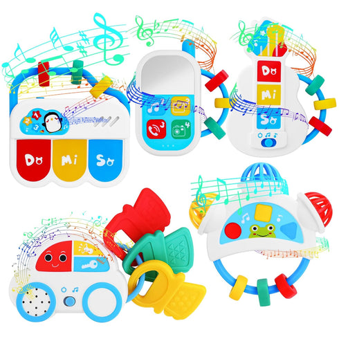 5PCS 0-18 Baby Sensory Toys - Baby Rattle Teething Toys Kits with Music, Infant Newborn Montessori Toys for Boys Girls