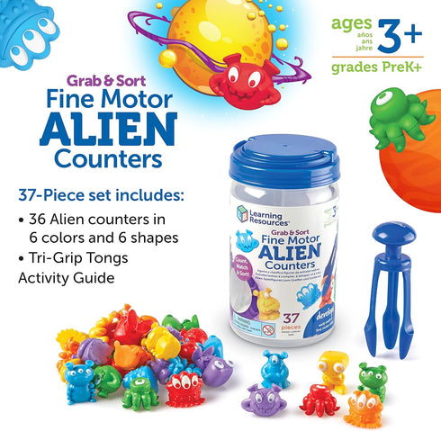 Learning Resources Grab & Sort Fine Motor Alien Counters, 37 Pieces, Toddler Learning Toys, Math Manipulatives for Kids