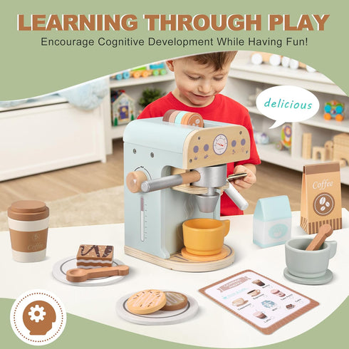 Pithfor Kids Wooden Coffee Maker Toy, Wooden Play Kitchen Appliances & Accessories Toy for Kids Toddlers, Gift