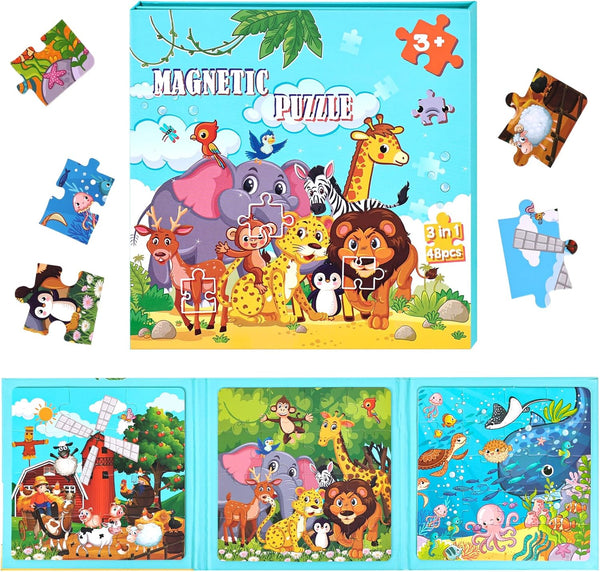 LovesTown Magnetic Travel Puzzles Book - Animal Wooden Magnetic Puzzles for Toddlers Learning on Road Trips