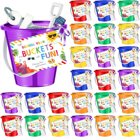 24 End of Year Student Gifts Beach Sand Toy Set with Plastic Buckets, Shovels, Gift Cards, Ribbon, and Beach Pails for