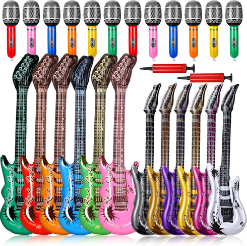 Tradder 48 Pcs Inflatable Rock Star Toy Set - Blow Up Guitar and Microphone for 80s 90s Musical Themed Parties