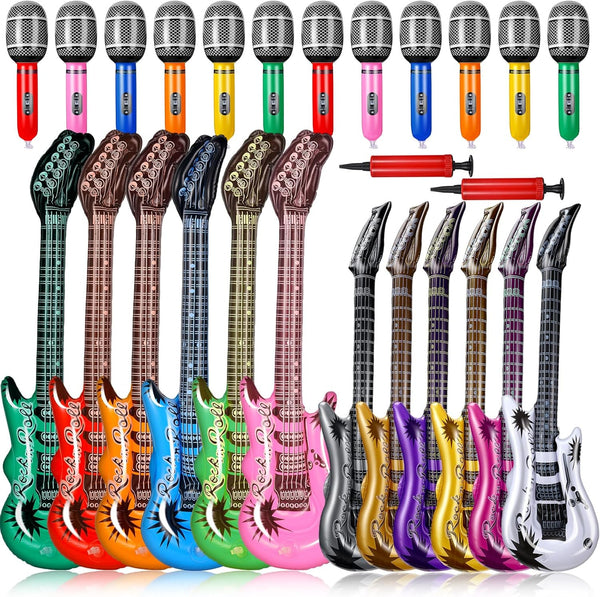 Tradder 48 Pcs Inflatable Rock Star Toy Set - Blow Up Guitar and Microphone for 80s 90s Musical Themed Parties