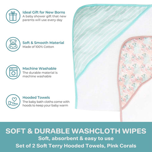 Set Pack 2, Spasilk Extra Plush Hooded Towel for Babies, Soft Terry with Muslin Printed Hood, of Pink Corals