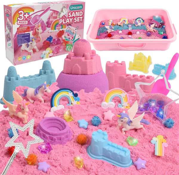 Volmop Unicorn Sensory Bin for Girl, 148pcs Play Sand Art Kit with