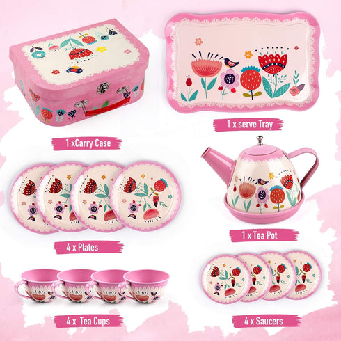 Set 15Pcs Set Playset D-FantiX Kids Tea for Little Girls, Pink Tin Tea Party for Toddlers Afternoon Tea Time with Metal