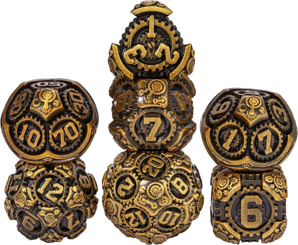 Metal Dice Set D&D, 7-Die DND Dice with Gift Bag for Dungeons and Dragons Role Playing Games (Antique Gold)
