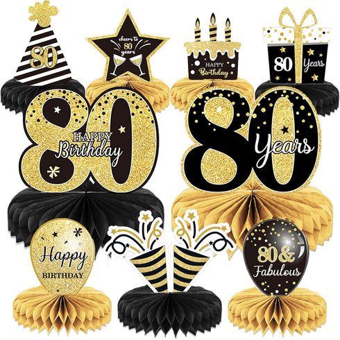 9 Pieces 80th Birthday Decoration Centerpieces, Cheers to 80 Years Honeycomb Table Topper for Party Decor