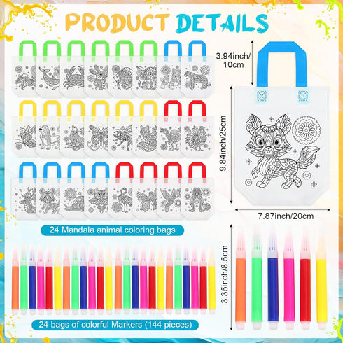 24 144 Pasimy Pieces Mandala Animals Coloring Goodies Bags with Makers Recycle Coloring Gifts Bags Color Your Own Totes