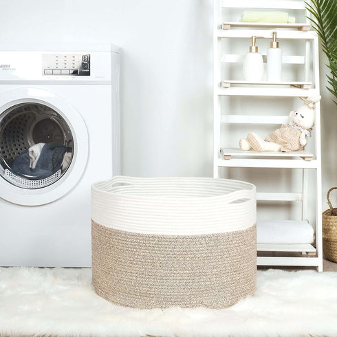 MINTWOOD Design Extra Large 22 x 14in Woven Cotton Rope Decorative Blanket Basket for Living Room, Light Brown