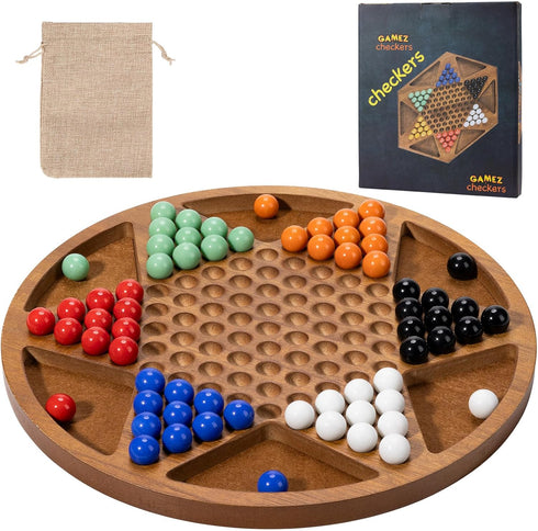 12-Inch Set 60 6 12 Wooden Chinese Checkers - Classic Round Design with Acrylic Marbles in Vibrant Colors - Includes