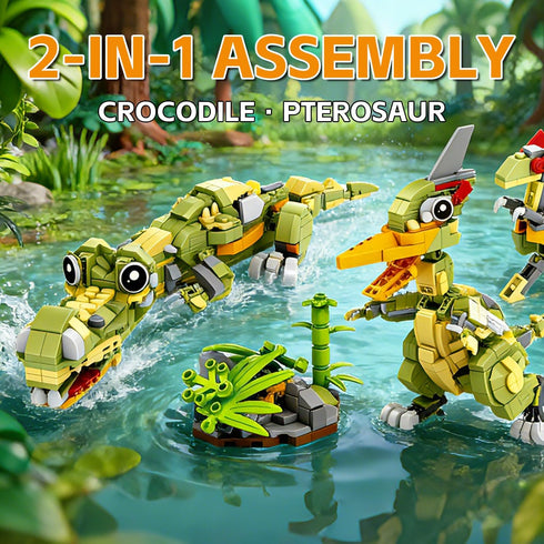 2-in-1 626 6-12 MENTOJOY Pterosaur & Crocodile Building Blocks Model- Pcs Jurassic STEM Toy | Kids Ages